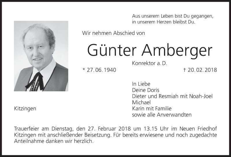  Traueranzeige für Günter Amberger vom 24.02.2018 aus MGO