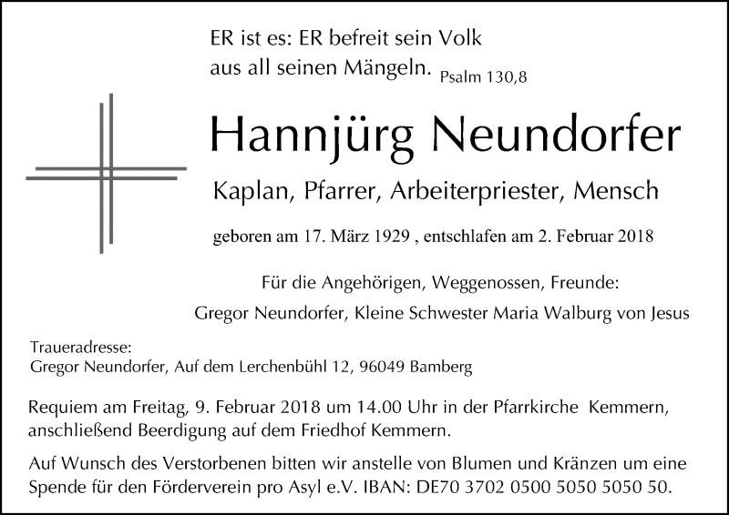  Traueranzeige für Hannjurg Neundorfer vom 07.02.2018 aus MGO