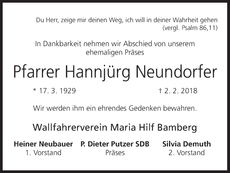  Traueranzeige für Hannjürg Neundorfer vom 07.02.2018 aus MGO