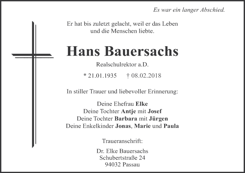  Traueranzeige für Hans Bauersachs vom 13.02.2018 aus MGO