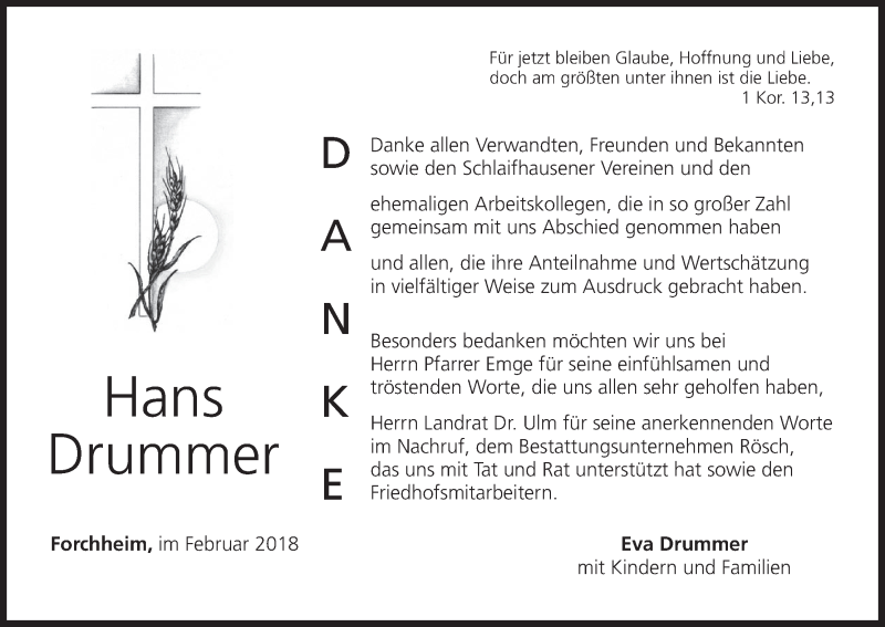  Traueranzeige für Hans Drummer vom 03.02.2018 aus MGO