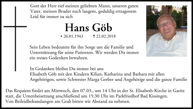  Traueranzeige für Hans Göb vom 27.02.2018 aus MGO