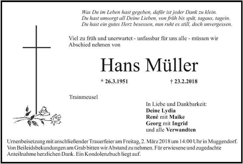  Traueranzeige für Hans Müller vom 28.02.2018 aus MGO