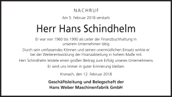 Anzeige von Hans Schindhelm von MGO