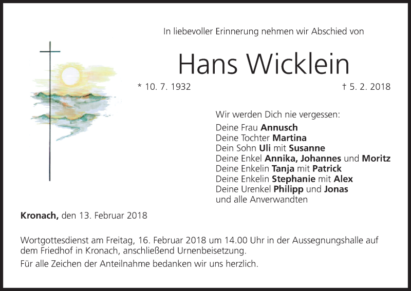  Traueranzeige für Hans Wicklein vom 13.02.2018 aus MGO