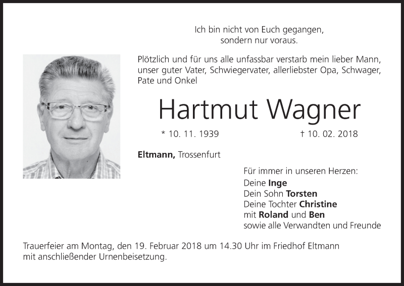  Traueranzeige für Hartmut Wagner vom 16.02.2018 aus MGO