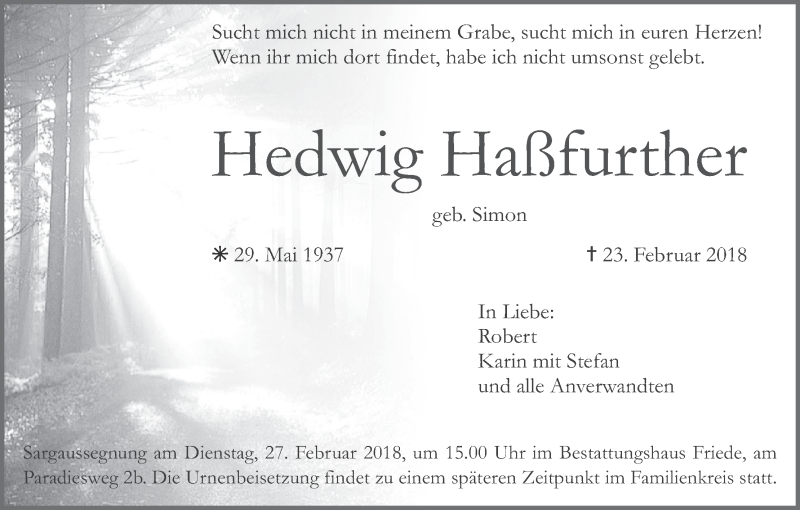  Traueranzeige für Hedwig Haßfurther vom 26.02.2018 aus MGO