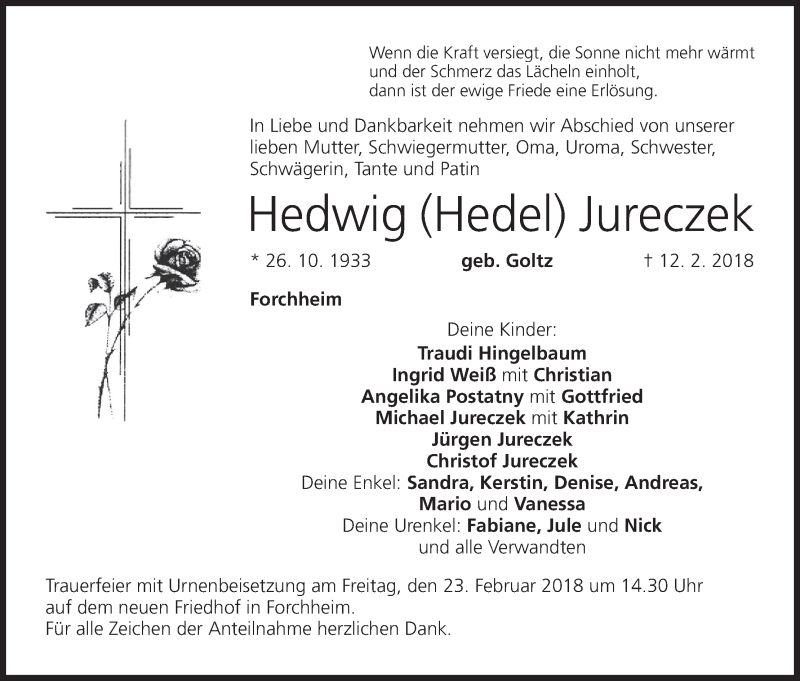  Traueranzeige für Hedwig  Jureczek vom 17.02.2018 aus MGO