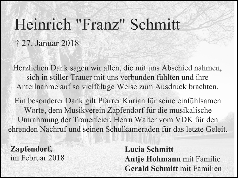  Traueranzeige für Heinrich Schmitt vom 17.02.2018 aus MGO