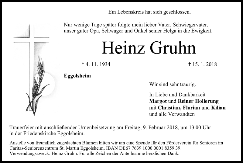  Traueranzeige für Heinz Gruhn vom 03.02.2018 aus MGO