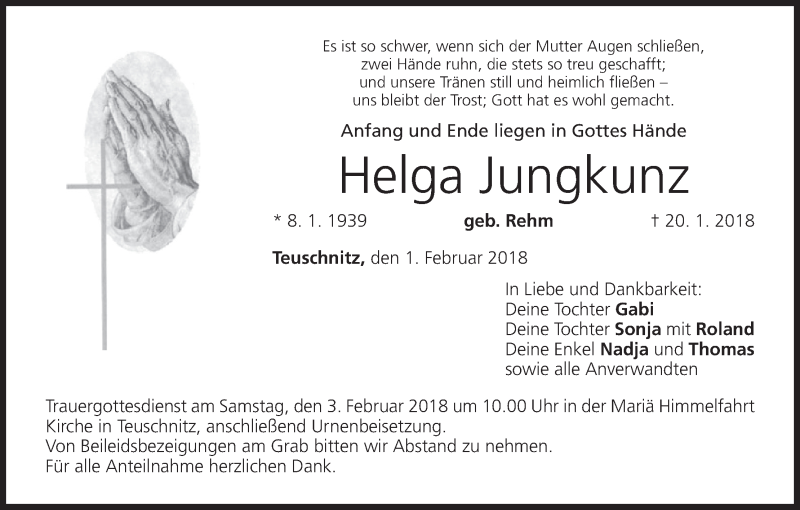  Traueranzeige für Helga Jungkunz vom 01.02.2018 aus MGO
