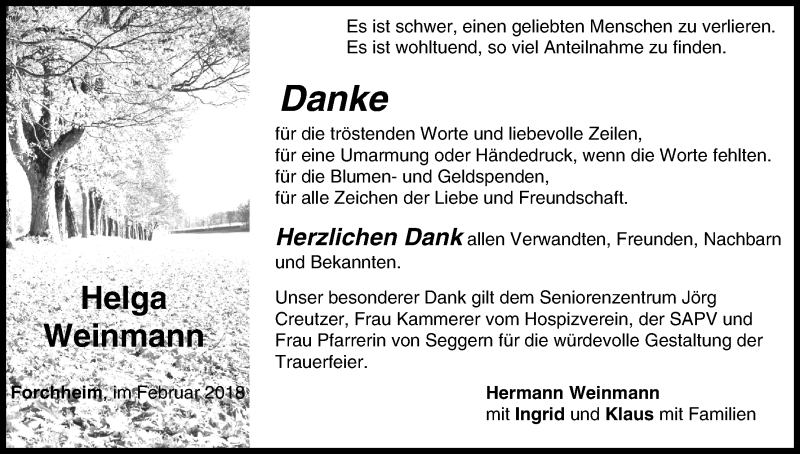  Traueranzeige für Helga Weinmann vom 10.02.2018 aus MGO