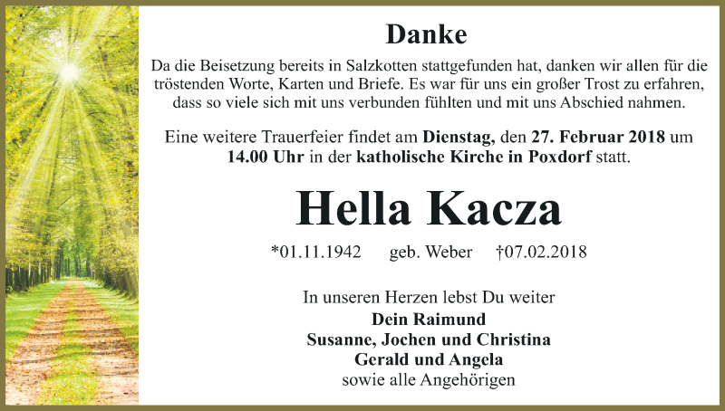  Traueranzeige für Hella Kacza vom 24.02.2018 aus MGO