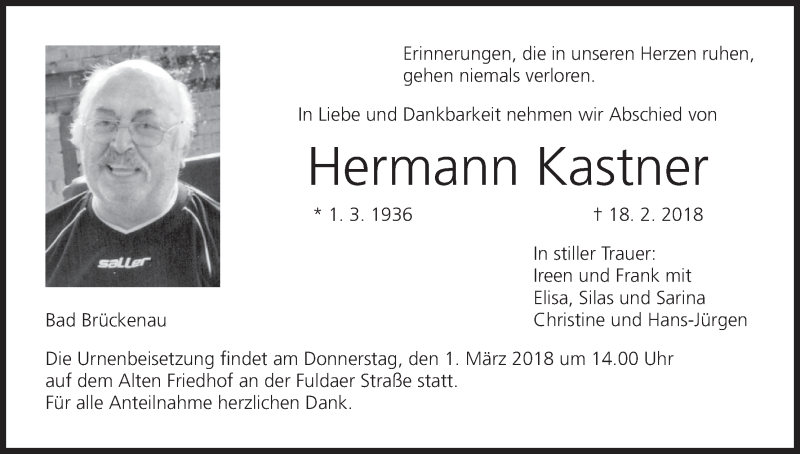  Traueranzeige für Hermann Kastner vom 24.02.2018 aus MGO