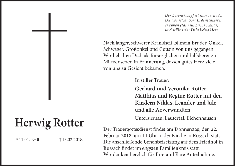  Traueranzeige für Herwig Rotter vom 20.02.2018 aus MGO