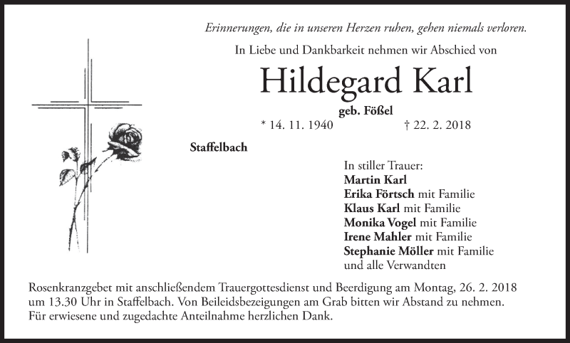  Traueranzeige für Hildegard Karl vom 24.02.2018 aus MGO