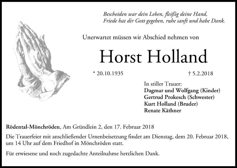  Traueranzeige für Horst Holland vom 17.02.2018 aus MGO