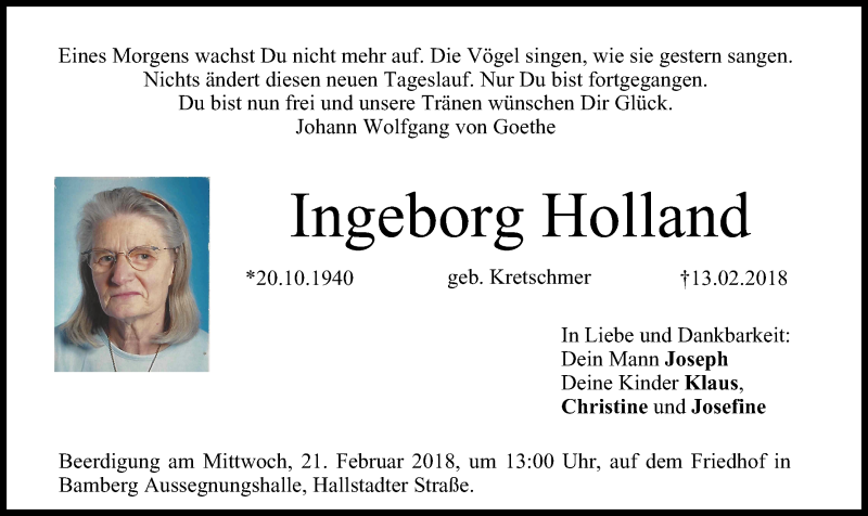  Traueranzeige für Ingeborg Holland vom 16.02.2018 aus MGO