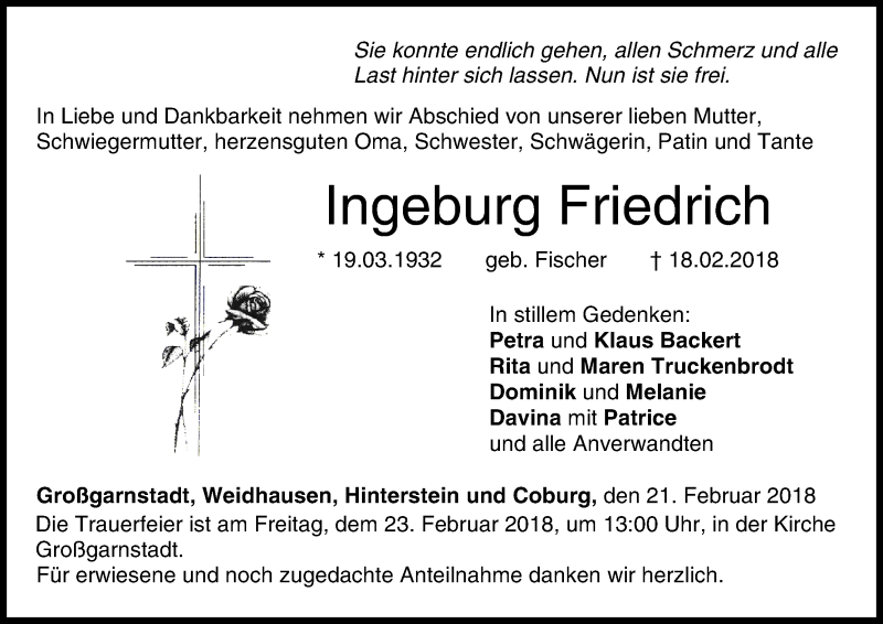  Traueranzeige für Ingeburg Friedrich vom 21.02.2018 aus MGO