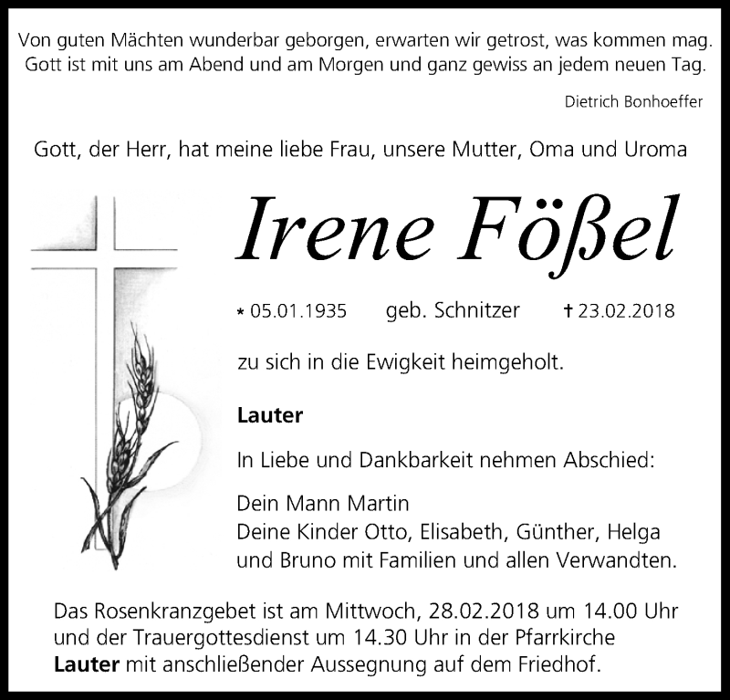  Traueranzeige für Irene Fößel vom 26.02.2018 aus MGO
