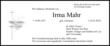 Anzeige von Irma Mahr von MGO