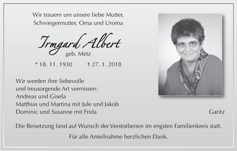  Traueranzeige für Irmgard Albert vom 03.02.2018 aus MGO