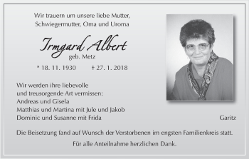 Anzeige von Irmgard Albert von MGO