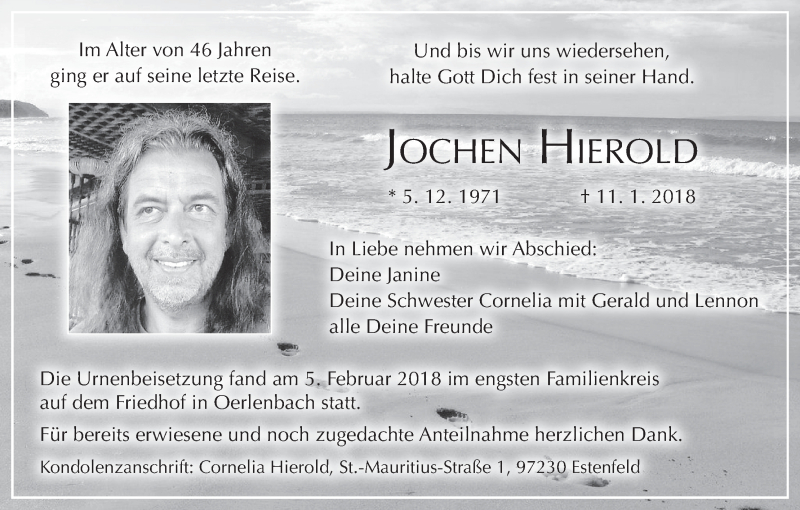  Traueranzeige für Jochen Hierold vom 06.02.2018 aus MGO