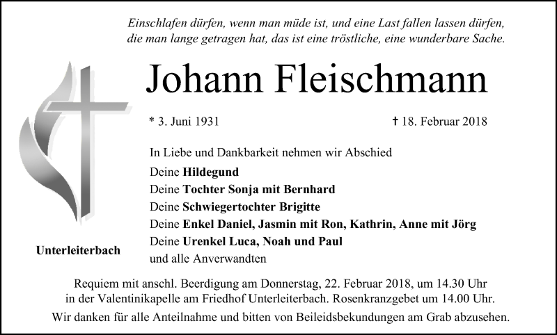  Traueranzeige für Johann Fleischmann vom 20.02.2018 aus MGO