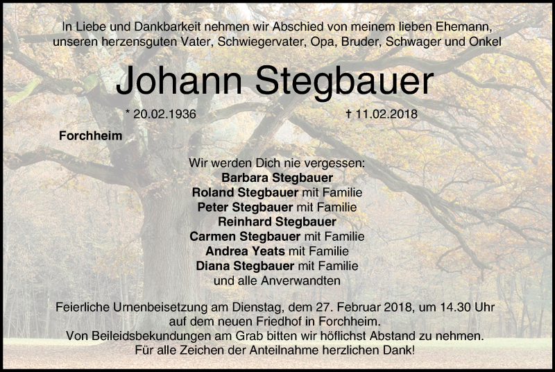  Traueranzeige für Johann Stegbauer vom 24.02.2018 aus MGO