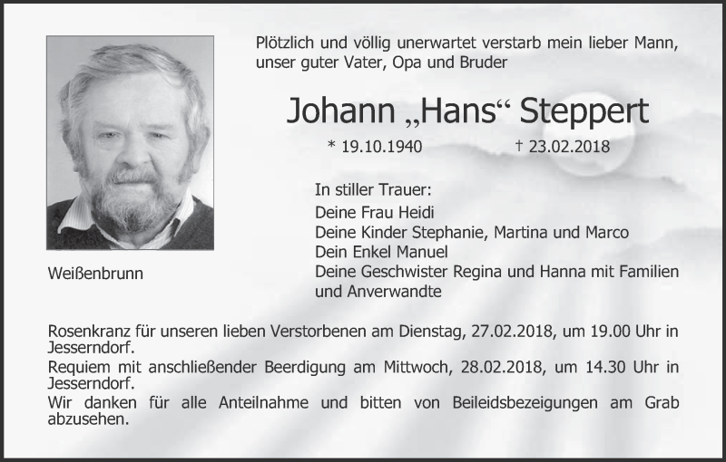  Traueranzeige für Johann Steppert vom 26.02.2018 aus MGO