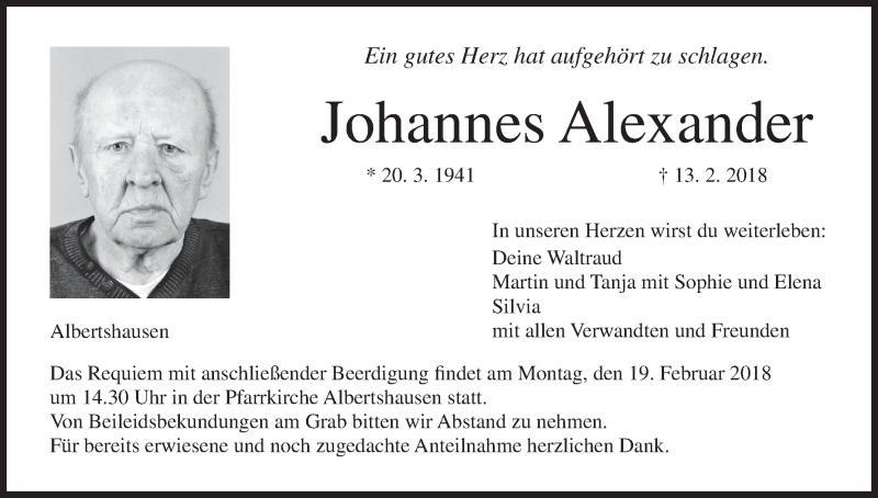  Traueranzeige für Johannes Alexander vom 17.02.2018 aus MGO