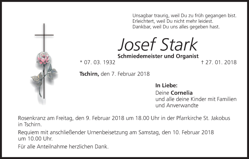 Traueranzeige für Josef Stark vom 07.02.2018 aus MGO