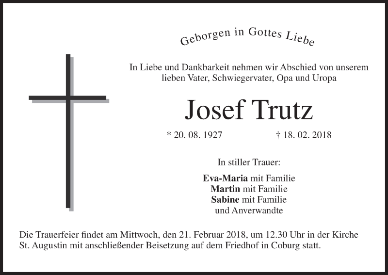  Traueranzeige für Josef Trutz vom 20.02.2018 aus MGO