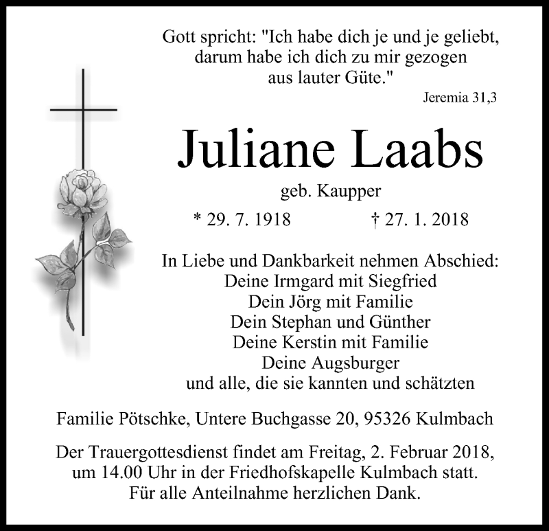  Traueranzeige für Juliane Laabs vom 01.02.2018 aus MGO