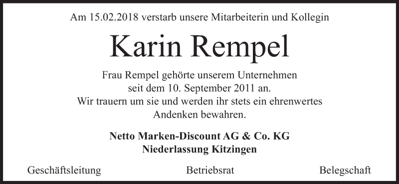  Traueranzeige für Karin Rempel vom 23.02.2018 aus MGO