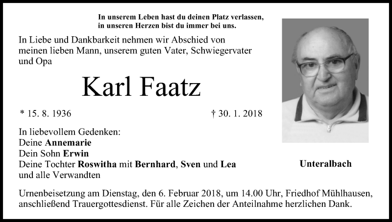  Traueranzeige für Karl Faatz vom 03.02.2018 aus MGO