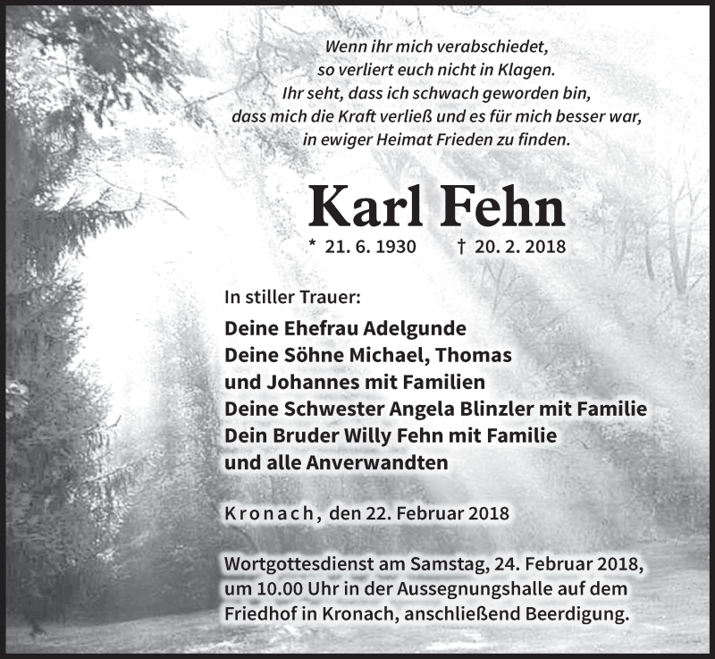  Traueranzeige für Karl Fehn vom 22.02.2018 aus MGO