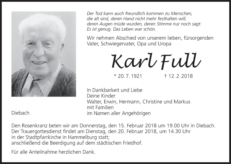  Traueranzeige für Karl Full vom 14.02.2018 aus MGO
