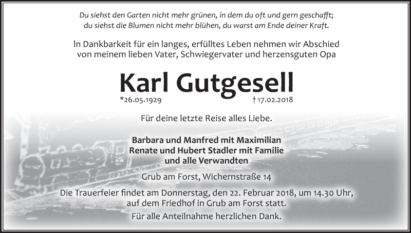  Traueranzeige für Karl Gutgesell vom 20.02.2018 aus MGO