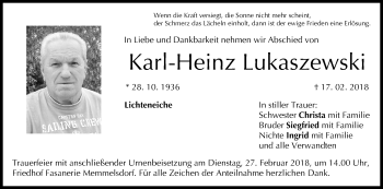 Anzeige von Karl-Heinz Lukaszewski von MGO