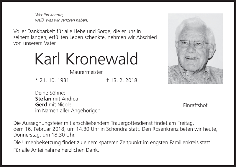  Traueranzeige für Karl Kronewald vom 15.02.2018 aus MGO