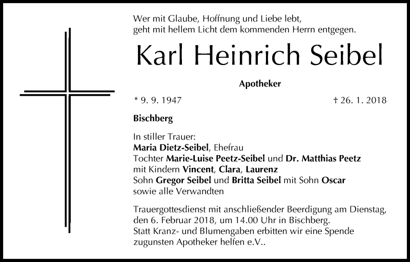  Traueranzeige für Karl Heinrich Seibel vom 03.02.2018 aus MGO