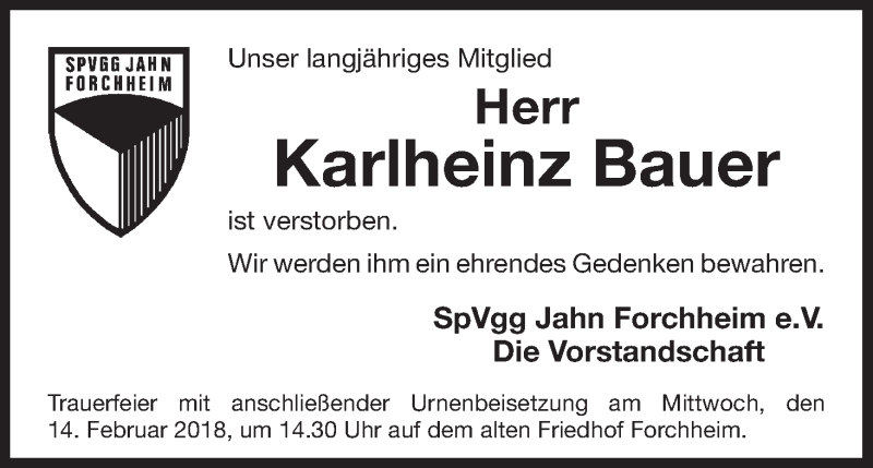  Traueranzeige für Karlheinz Bauer vom 12.02.2018 aus MGO