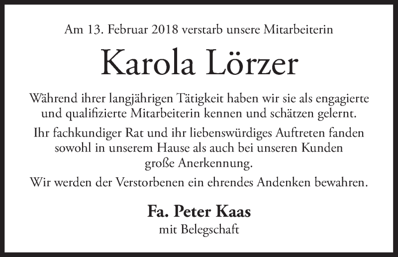  Traueranzeige für Karola Lörzer vom 24.02.2018 aus MGO