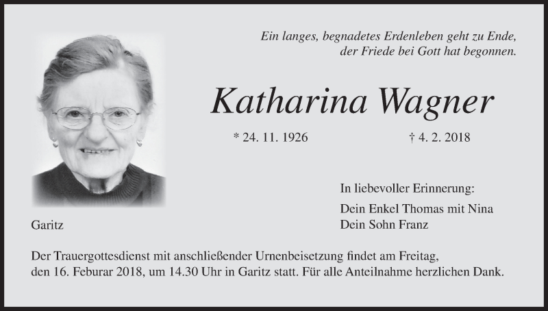  Traueranzeige für Katharina Wagner vom 12.02.2018 aus MGO