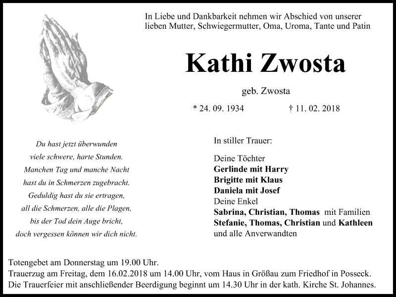  Traueranzeige für Kathi Zwosta vom 14.02.2018 aus MGO