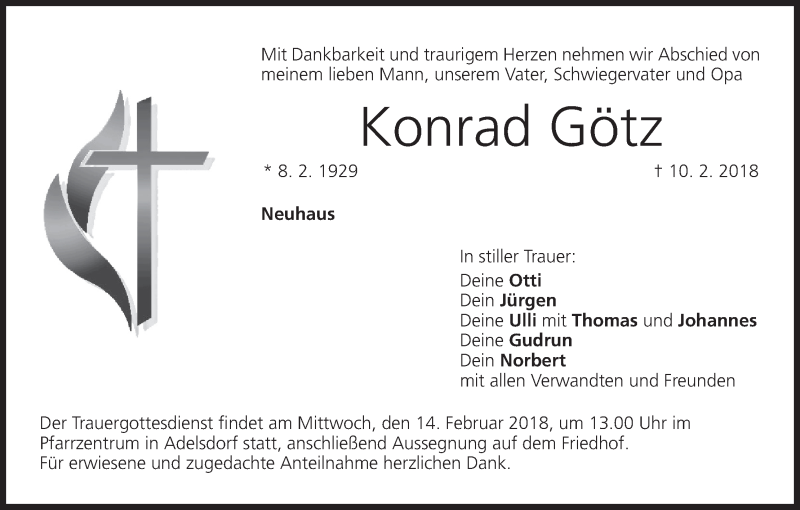  Traueranzeige für Konrad Götz vom 13.02.2018 aus MGO