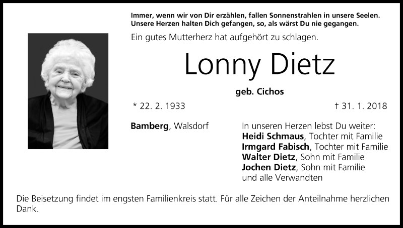  Traueranzeige für Lonny Dietz vom 03.02.2018 aus MGO