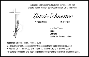 Anzeige von Lutzi Schnetter von MGO